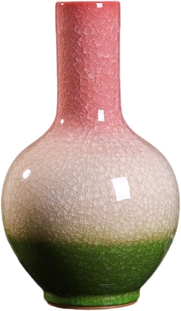 Bzgpmfud D-W19 X H32cm Vase Desktop Pink-Green Gradient Cracked Glaze Ceramic Living Room Decorative Ornaments(D-W19 X H32cm)