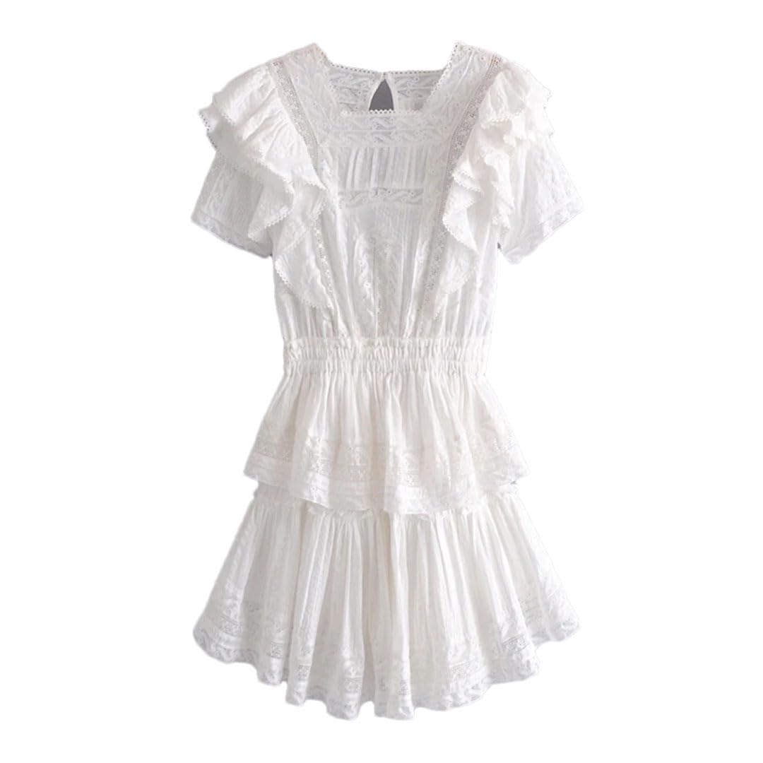 Mini Tiered O-Neck Dress for Womem White Cotton Floral Dress Party
