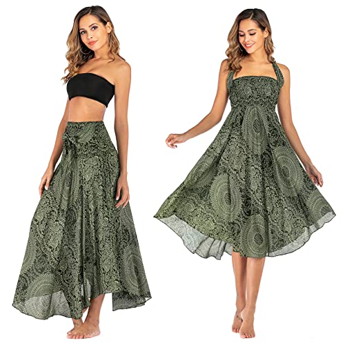 PNKJ Women Bohemian Mandala Floral Print Rayon Hippie Maxi Skirt Boho Summer Beach Dress Fits S M L2