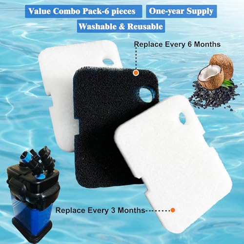 Image of 6 Pack Replacement Activated Carbon Sponge Bio Filter Pads and White Floss Pads and for Cascade 700 /1000 CCF2UL CCF3UL, Compatible with Penn-Plax Cascade 700 & 1000 Canister Aquarium Filters