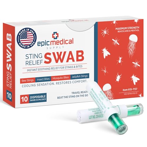 Epic Medical Supply Sting Relief Swab Instant Mosquito Bite Relief & Bug Bite Relief Max Strength Benzocaine & Menthol 10 Disposable Swabs for Insect Bites Bee Stings Jellyfish & More