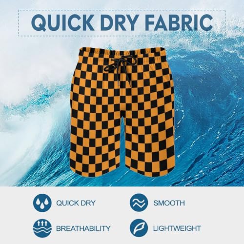 Hawaiian Shorts for Men - Black Orange Checkered Print Quick Dry Mens Swim Trunks Bathing Suits with Mesh Lining3
