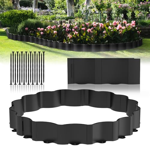 Mars Villa Landscape Edging 20FT, Interlocking Landscape Edging 5.9in No Dig Garden Edging Border for Landscaping, Flexible Flower Bed Lawn Edging for Outdoor Pathway, with Stakes,(Black,16PCS)