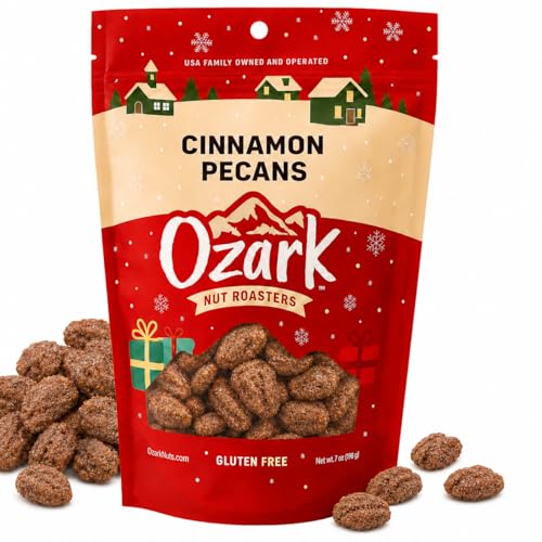 OZARK NUT ROASTERS: Cinnamon-Coated Pecans, Cinnamon Spice Flavored Snacks, World-Class Gourmet Candied Nuts, Resealable Pack, 7 oz (Holiday Packaging)