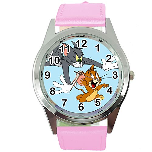 ® Tom und Jerry Quarz-Armbanduhr, rund, SCI FI, echtes Lederband, inkl. Ersatzakku und Geschenkbeutel, Rosa