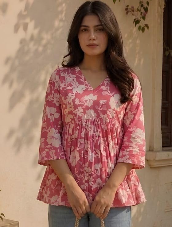 Image of Cotton Floral Printed Gathered Peplum Short Kurti for Women | V Neck 3 /4 Sleeves | Waist Short Kurti | Regular Fit Tunic Top for Women | Casual Summer Wear | Pink