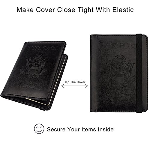 Image of WALNEW Passport Holder for Travel, RFID Passport Cover Wallet for Women Men, PU Leather Passport Book Card Holder Case with Pen (Elastic Band Closure, A-Black)