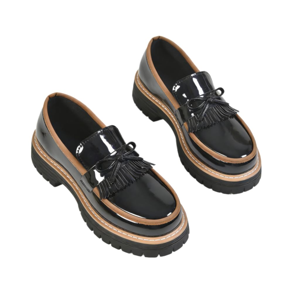 Women's Tassel Bowknot Thick Sole Loafers, Work Office Business Casual Spring & Fall Patent Leather Shoes, Plain Pattern Elegant Trendy Boho Western Style Cushioned Sole for Daily