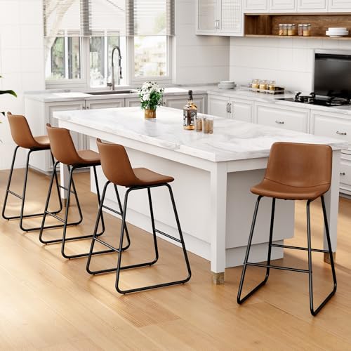 Image of REONEY Bar Stool Set of 3, 26 inch Urban Faux Leather Counter Stool, Dark Brown