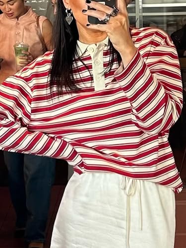 Sunloudy Women Oversized Rugby Polo Shirt Preppy Long Sleeve Striped Lapel Collared Vintag Sweatshirt Teen Girl Pullover Top2