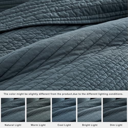 Image of PALASSIO Striped Blue Grey 100% Cotton Quilt California Cal King Size Bedding Sets, Oversized Lightweight Channel Pick Stitch Textured Bedspread Soft Farmhouse Country Coverlet for All Season, 2 Shams
