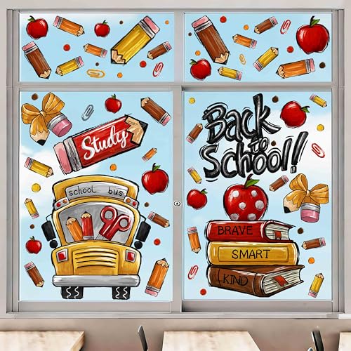 Teeanzo 8 Sheets Back to School Window Clings Cute School Bus Pencils Apple Window Stickers Reusable Double-Sided Window Decals for Classroom School Decor Welcome Party Supplies Glass Sticker
