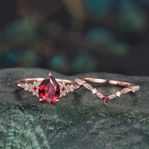 1.5CT Pear/Oval Cut Created Ruby Ring Sets for Women 10K 14K 18K Gold Gemstone Ruby Inspired Anniversary Ring for Wedding Valentine's Day Size 4-123