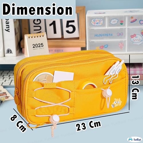 Image of FunBlast Pencil Pouch for Girls - Aesthetic Multi-Compartment Zipper Pouch with Drawstring Pocket, Cute Kawaii Pencil Case, Stylish Stationery Pouch, Return Gift for Kids & School Use (Yellow)