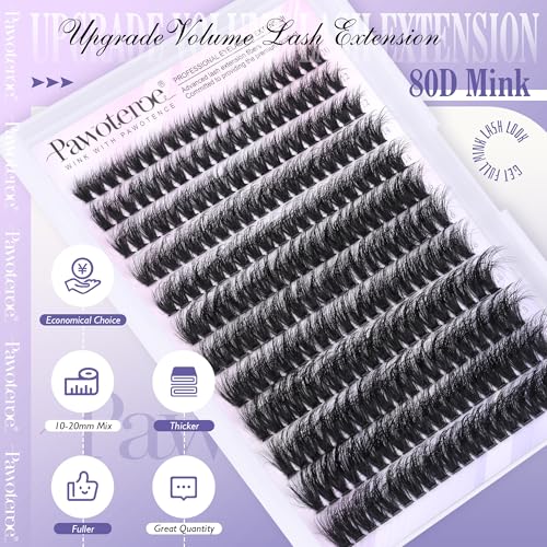 Image of Pawotence Lash Clusters Full 80D Individual Lashes Cluster Eyelash Extensions 10-20mm Mix Eyelash Clusters 240pcs Lash Extension for Self Application (Mink 80D, 0.07D, 10-20mm)