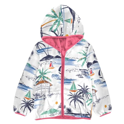 OTVEE Summer Palm Trees Boat Kids Hoodie Jacket Fall Spring Full Zip Warm Outwear Coat