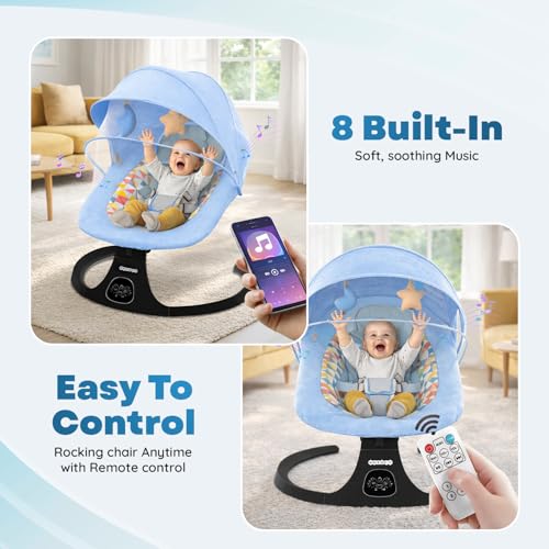Image of Electric Baby Swing Rocker for Newborns & Infants | Automatic Baby Cradle with Bluetooth Music, Remote Control, Built-in Lullabies, Mosquito Net, Hanging Toys, Soft Cushion-Blue (0-12 Months)