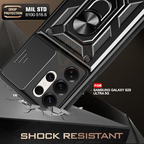 Image of Armor Bumper Back Cover Case for Samsung Galaxy S25 Ultra 5G | Rotating Camera Cover, Ring Holder & Kickstand | Heavy Duty & 360 Degree Protection Back Cover (Black)