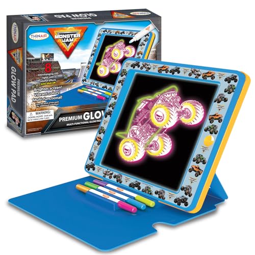 Monster Jam Premium Glow Pad LED Drawing Pad for Kids with Easel Cover 3 Markers and 8 Backgrounds Animated Drawing Board for Creative Play
