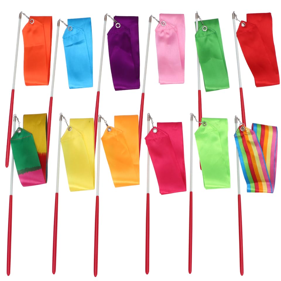 12PCS Rhythmic Dance Ribbons 10 Colors Gymnastics Ribbon Dancer Wand Unisex Dancing Streamers for Artistic Dancing Gymnastics Circus Carnival Shows Talent Shows