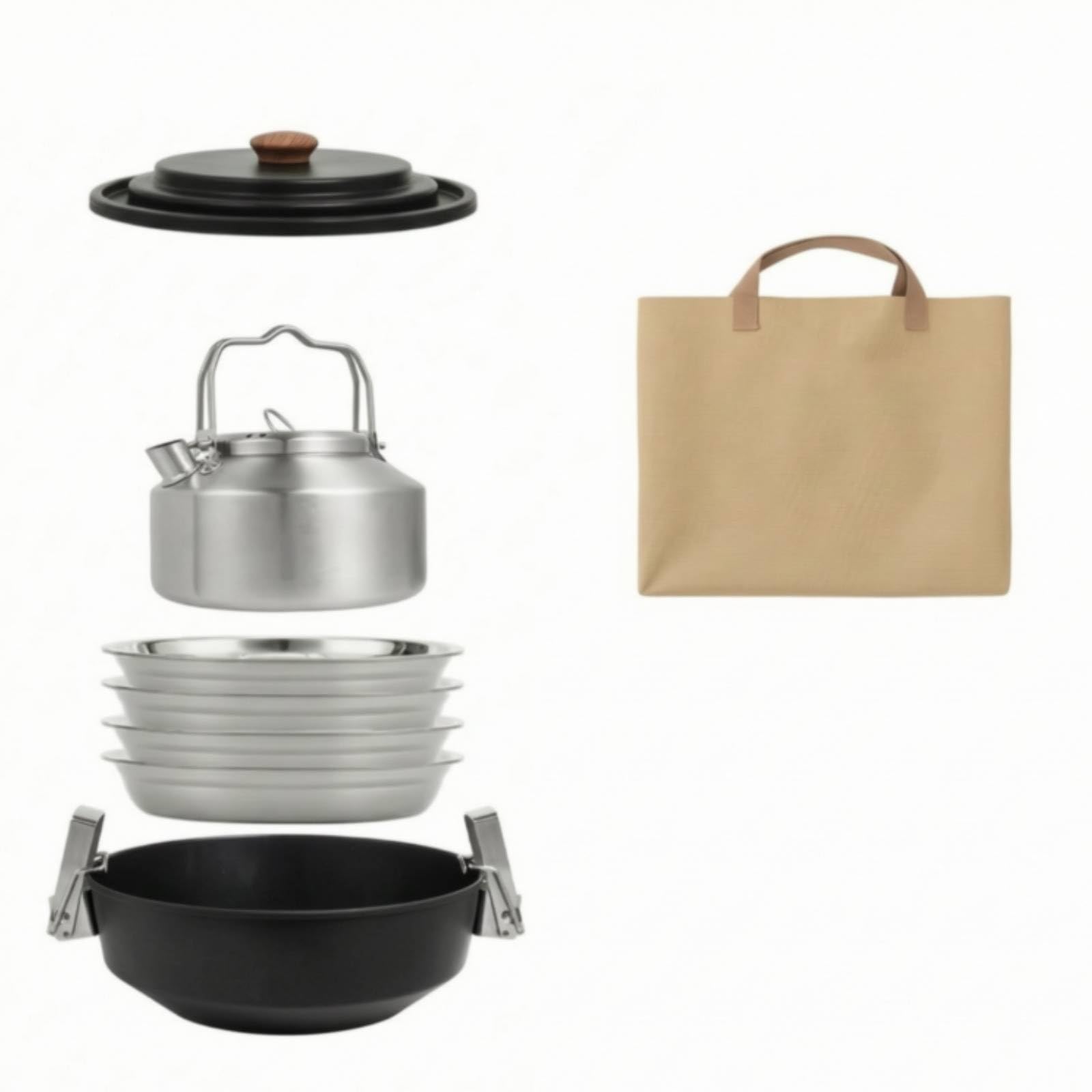 6 Pezzi Set di Pentole da Campeggio con Borsa Leggero Set di Pentole da Campeggio in Acciaio Inox per Escursionismo,