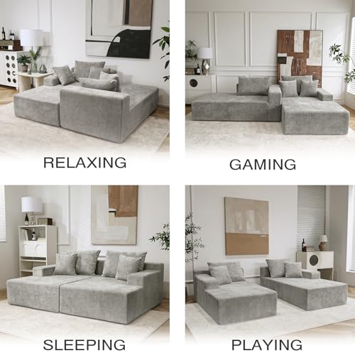 Image of SYTOPIA Loveseat Chaise Lounge with Armrests, Oversized Sofa Bed with 4 Pillows, Cozy Boneless Sleeper, Modular Sectional Couch for Living Room Bedroom, Floor Chair Furniture sala Chenille, Urban Grey