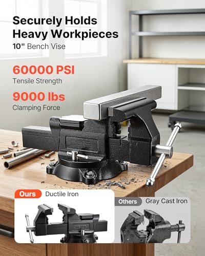 Image of VEVOR Heavy Duty Bench Vise, 10 inch Jaw Width, Multi-Purpose Ductile Iron Bench Vise with Anvil and 360-Degree Locking Swivel Base, 4.3 inch Throat Depth, 10 inch Max Jaw Opening, for Drilling, Pipe Cutting