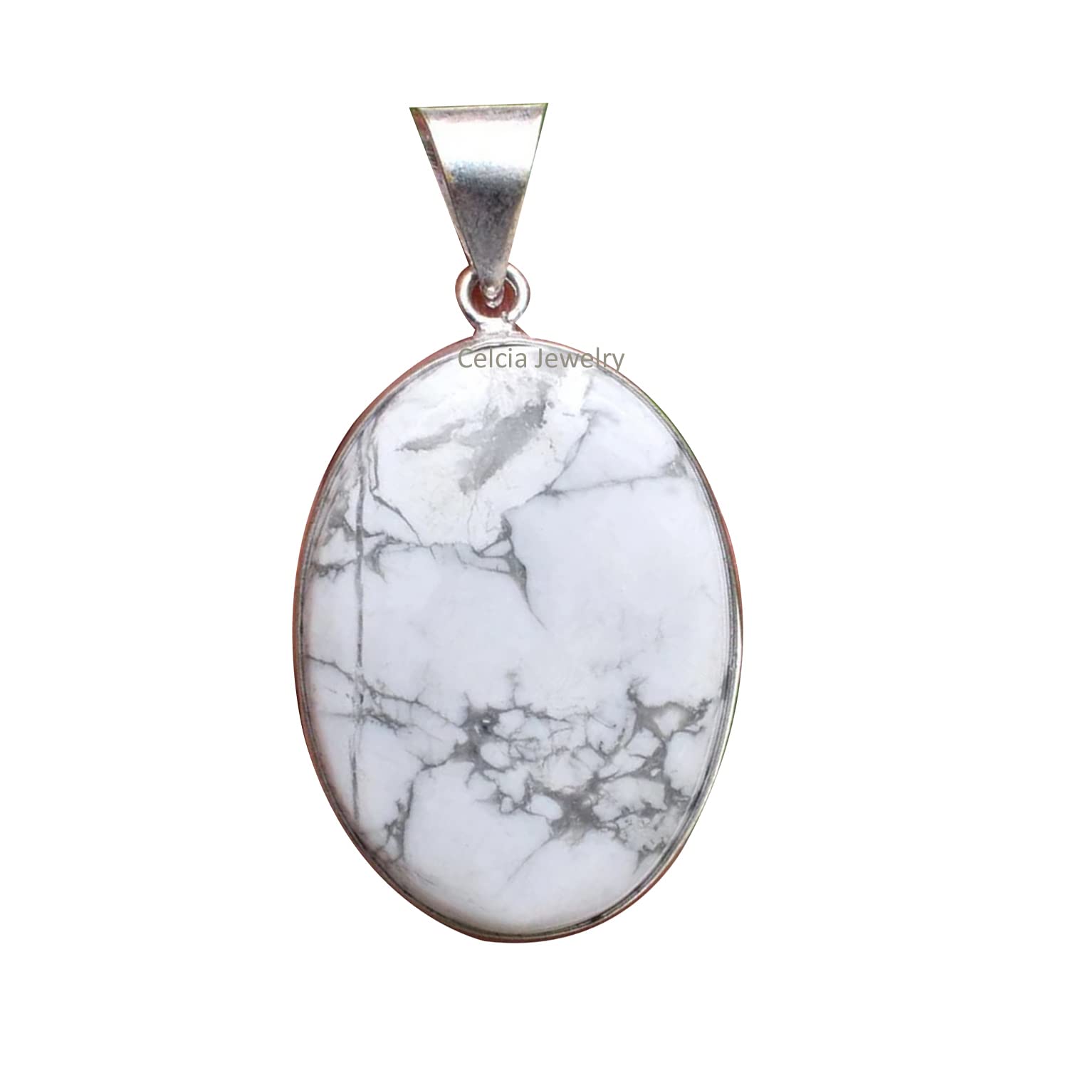 Massiver 925er Sterlingsilber-Anhänger für Damen und Herren, echter ovaler Howlith-Cabochon, weißer Edelstein, einzigartiger handgefertigter Anhänger für Sie und Ihn