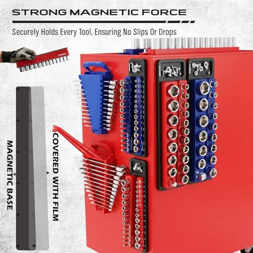 Image of 8-Piece Magnetic Socket and Wrench Organizer Set, Metric & SAE, 1 /4 inch, 3 /8 inch, 1 /2 inchDrive Detachable Socket Storage Tray, 24-Slot Wrench Holder with Non-Slip Handle & Lock Cover for Toolbox Drawer Storage