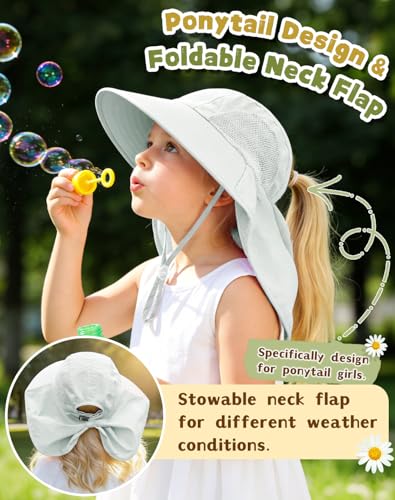 Image of Rosoz Kids Sun Hat with Neck Flap UV Protection Summer Toddler Beach Hat Unisex Ponytail Hat Wide Brim Fishing Hat