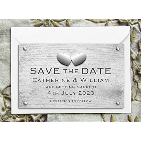 50 Personalised Save the Date Magnets - Rustic Hearts with White Envelopes - Free Draft With Your Details Cover