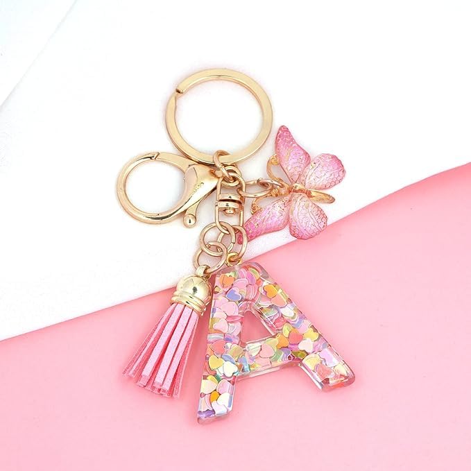 Image of GEOCARTER Lightweight Fashion Initial Letter Key Ring with Butterfly Pendant & Tassel, Stylish Purse Charm for Handbags, Car Keys, Gifts for Girls & Women