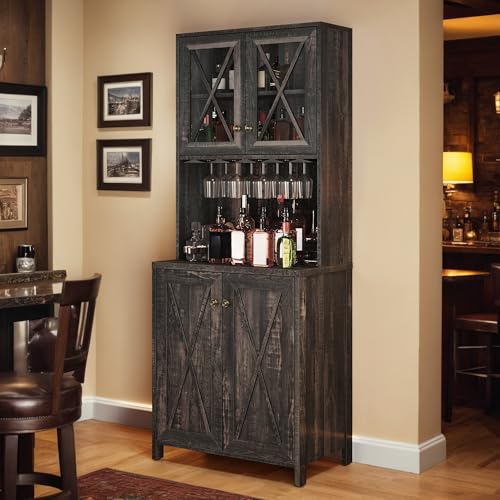 DWVO 67" Wine Bar Cabinet with Glass Doors & Wine Rack, Farmhouse Coffee Bar Cabinets with Open Shelves, Freestanding Storage for Living & Dining Room, Dark Rustic Oak