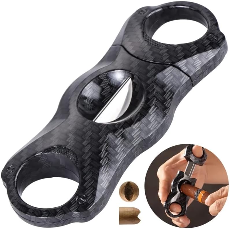 ZUC Professional Cigar Cutter, Precision Double Blade Guillotine Tool, Modern Carbon-Fiber Texture Oval Clipper, Ergonomic Dual-Loop Metal Accessory(B)