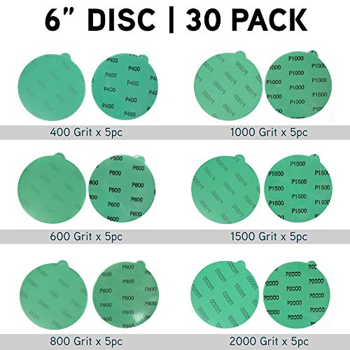 Lotfancy 6 Inch Psa Sanding Discs With Tabs, 30Pcs 400 600 800 1000 1500 2000 Grit Wet Dry Green Film Backed Sandpaper Assortment, Random Orbital Sander Fine Grit Sand Paper #TOP4