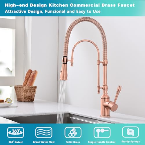 Image of Copper Kitchen Faucet, Single Handle, 360 Swivel High Arc Kitchen Sink Faucet, Red Copper Kitchen Faucet Pull Down Solid Brass Handle