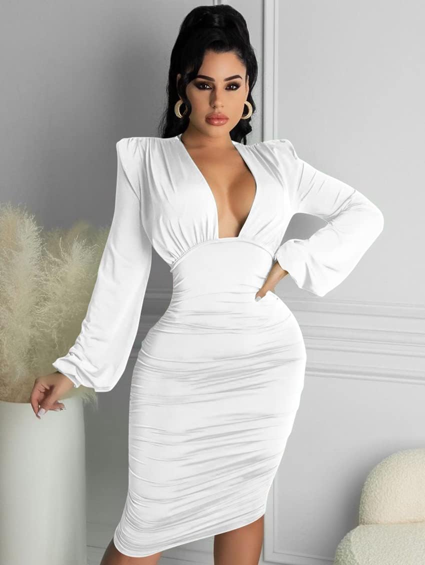 GOBLES Women's Sexy Deep V Neck Long Sleeve Ruched Bodycon Midi Party Dress - Image 8