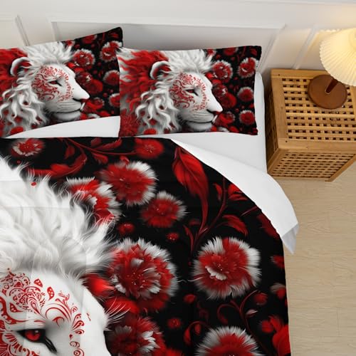 Image of Red and Black Lion Full Size Comforter Set for Men,Full Size Quilt Bedding Set Floral,Wild Animal Print Comforter Set,with 1 Comforter with 2 Pillow Case