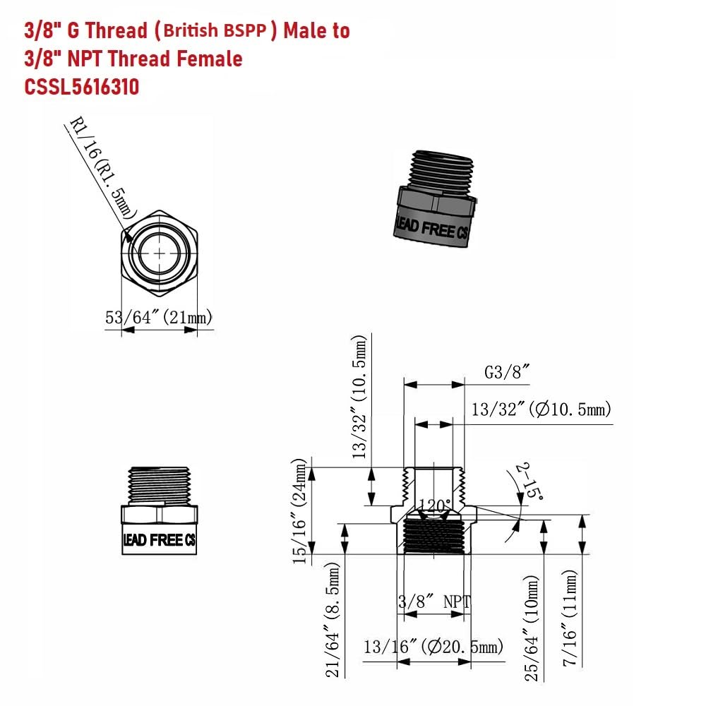 Gwint G (metryczny BSPP) męski na NPT żeński adapter do montażu rur - adapter bezołowiowy (dwa, 3/8")