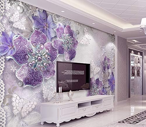 Murwall Floral Wallpaper Purple Swarovski Flower Wall Mural Diamond Butterfly Wall Print Classical Home Decor Cafe Design