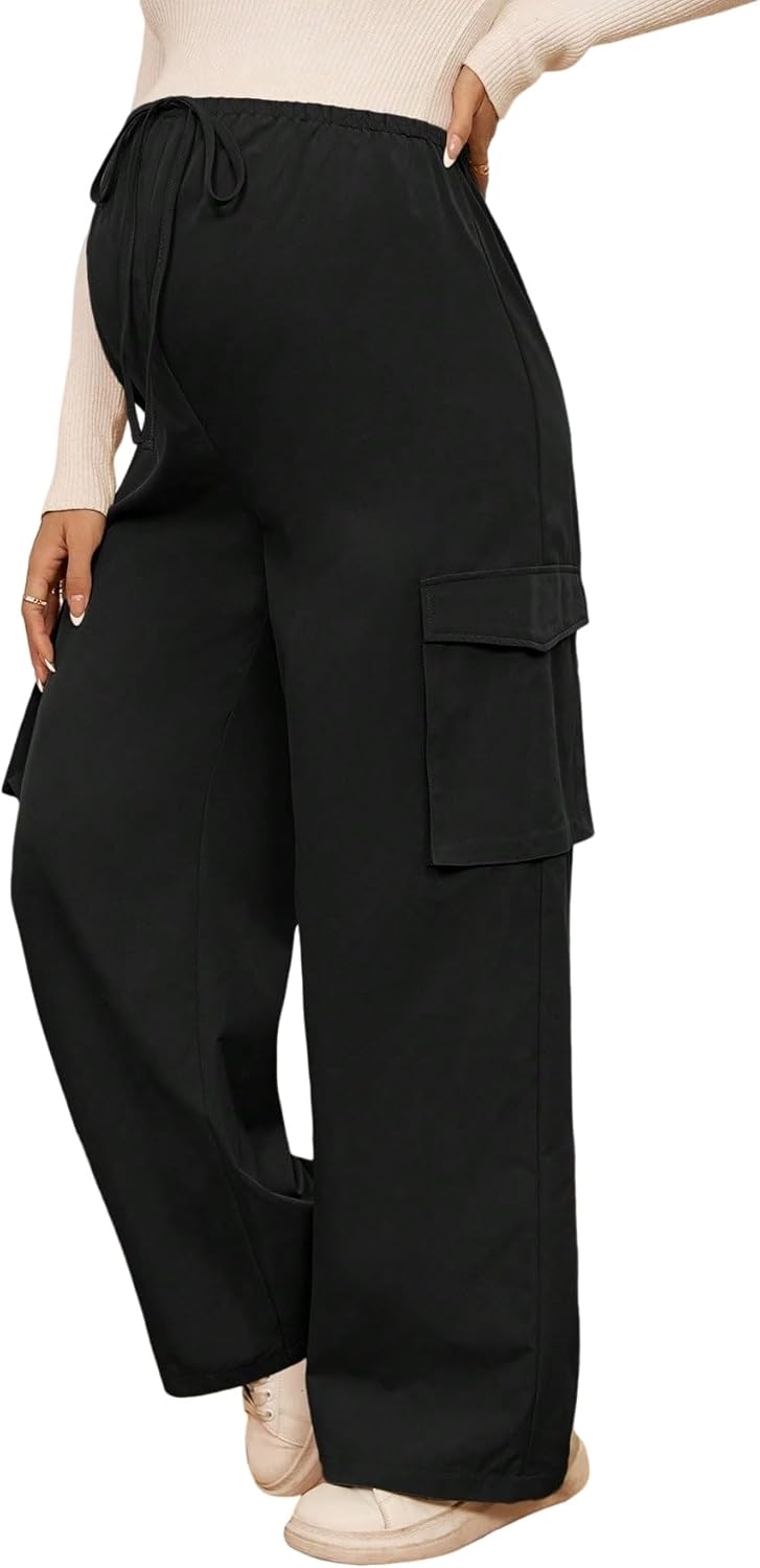 LALAGEN Womens Maternity Pants Adjustable Waist Casual Pants with Pockets, Solid Color Wide Leg Loose Style