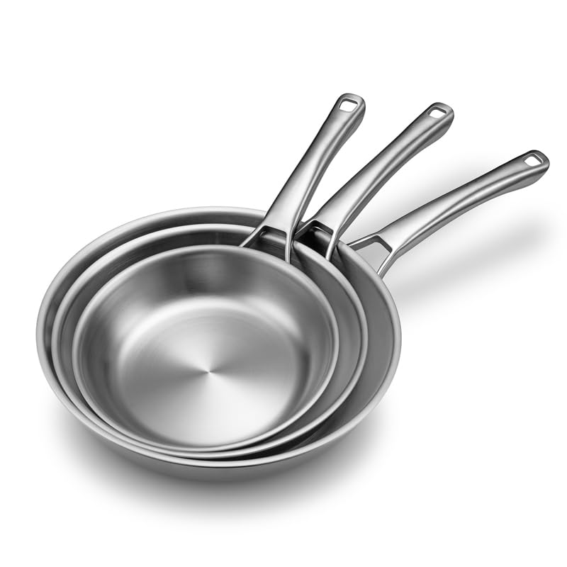Tri-Ply Stainless Steel Frying Pans Set,PFOA&PTFE Free Skillets,C...
