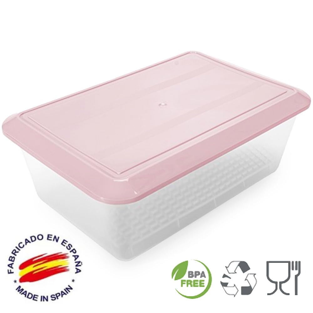 Pack 6 Bandejas Descongelar Alimentos 6,5L Tapa Rosa y Rejilla Antigoteo | 36 x 24 x 12,5cm. Sin BPA. Recipiente para descongelación más higiénica. Ideal cocinas, restaurantes, hostelería y cátering
