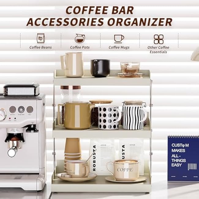 SanDream 3 Tier Coffee Mug Organizer Shelf, Coffee Bar Station Accessories, Cup Holder Rack Display Stand, Counter Organizer for Kitchen Bathroom Office,White