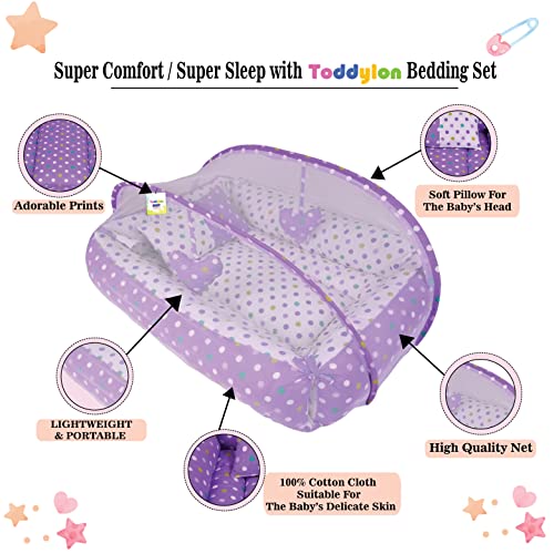 Image of Toddylon Baby Bed Bedding Set for New Born Baby | Bed Mattress | Mosquito Net | Neck | | Cotton | Travel Bed | Essentials | Toddlers | Infants | Baby Boy Girl (0-12 Months) Purple
