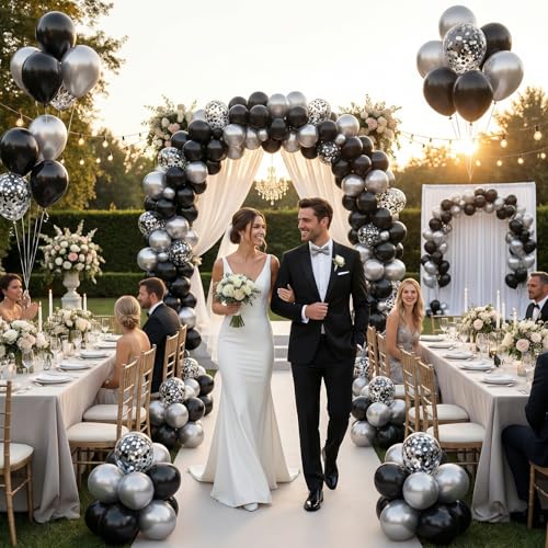 Image of Black and Silver Balloons Arch Kit,130pcs Metallic Black Balloons Garland,Different Sizes Metallic Silver Latex Balloons for Birthday Engagement Baby Shower Wedding Graduation Party Decorations