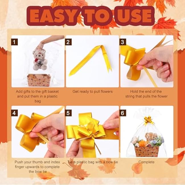 12 Pcs Fall Basket for Gifts Empty 9.8 x 6.5'' Maple Leaves Gift Basket Empty to Fill with Handles, Bows, Plastic Bags and Twist Ties for Autumn Thanksgiving Party Favor Supplies