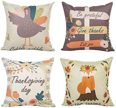 PSDWETS Thanksgiving Decorations Turkey Fox Pattern Be Grateful Give Thanks Eat Pie Pillow Covers Set of 4 Thanksgiving Decor Throw Pillow Covers Cushion Cover 18 X 18