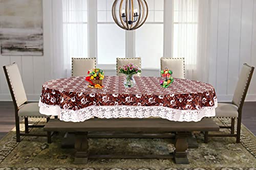 Image of The Furnishing Tree Waterproof PVC Oval Shaped 4 to 6 Seater Table Cover WxL 54x78 inches Floral Pattern Dark Brown with White Border lace