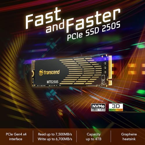 Image of Transcend MTE250S 2TB NVMe Internal Gaming SSD with Graphene Heatsink, Up to 7,100MB /s, M.2 2280 PCIe Gen4x4 Solid State Drive for PS5, Desktops, Laptops, with DRAM Cache /LDPC - TS2TMTE250S